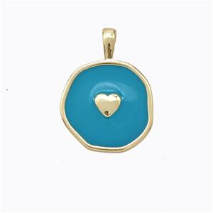 Copper Heart Pendant Teal Enamel Circle Gold Plated, approx 13.5mm