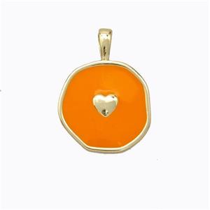 Copper Heart Pendant Ornage Enamel Circle Gold Plated, approx 13.5mm