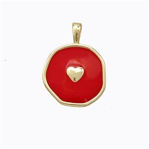 Copper Heart Pendant Red Enamel Circle Gold Plated, approx 13.5mm