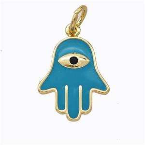 Copper Hamsahand Pendant Teal Enamel Eye Gold Plated, approx 14-17mm