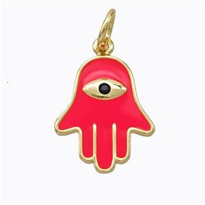 Copper Hamsahand Pendant Red Enamel Eye Gold Plated, approx 14-17mm