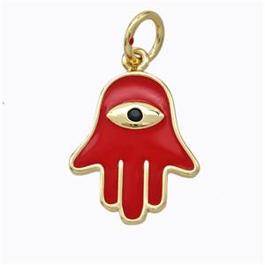 Copper Hamsahand Pendant Red Enamel Eye Gold Plated, approx 14-17mm