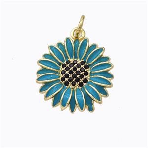 Copper Sunflower Pendant Teal Enamel Gold Plated, approx 17mm