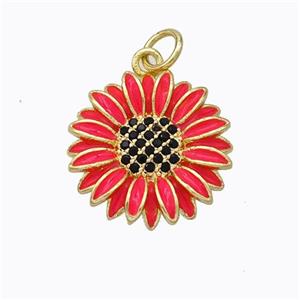 Copper Sunflower Pendant Red Enamel Gold Plated, approx 17mm