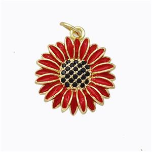 Copper Sunflower Pendant Red Enamel Gold Plated, approx 17mm