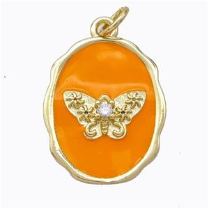 Copper Butterfly Pendant Pave Zirconia Orange Enamel Oval Gold Plated, approx 16-20mm