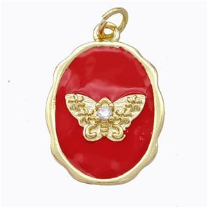 Copper Butterfly Pendant Pave Zirconia Red Enamel Oval Gold Plated, approx 16-20mm