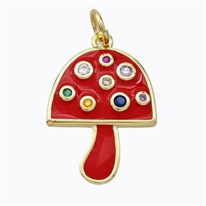 Copper Mushroom Pendant Micro Pave Zirconia Red Enamel Gold Plated, approx 16-20mm