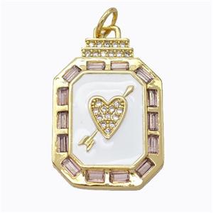 Cupid Arrow Heart Charms Copper Pendant Pave Zirconia White Enamel Rectangle Gold Plated, approx 16-23mm