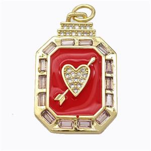 Cupid Arrow Heart Charms Copper Pendant Pave Zirconia Red Enamel Rectangle Gold Plated, approx 16-23mm