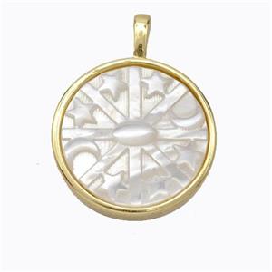 Copper Circle Pendant Pave Shell Moon Star Gold Plated, approx 17mm