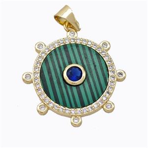 Copper Circle Pendant Pave Malachite Zirconia Gold Plated, approx 18mm