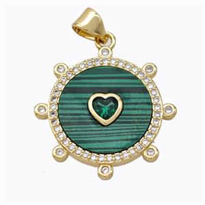 Copper Circle Pendant Pave Malachite Heart Zirconia Gold Plated, approx 18mm