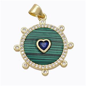 Copper Circle Pendant Pave Malachite Heart Zirconia Gold Plated, approx 18mm