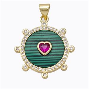 Copper Circle Pendant Pave Malachite Heart Zirconia Gold Plated, approx 18mm