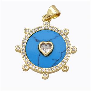 Copper Circle Pendant Pave Howlite Heart Zirconia Gold Plated, approx 18mm