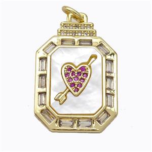 Copper Octagon Pendant Pave Zirconia Shell Cupid Arrow Heart Gold Plated, approx 17-20mm