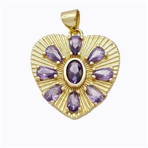 Copper Heart Pendant Micropave Purple Zirconia Gold Plated, approx 21mm