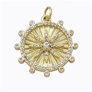 Copper Compass Pendant Micropave Zirconia Circle Gold Plated, approx 20mm