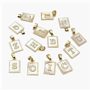 Copper Letter Pendant Micro Pave Shell Rectangle Mixed Alphabet Gold Plated, approx 12-15mm