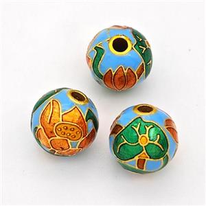 Copper Round Beads Cloisonne Multicolor Flower Gold Plated, approx 10mm