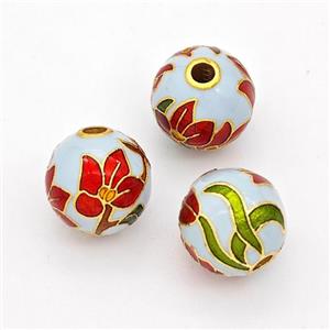 Copper Round Beads Cloisonne Multicolor Flower Gold Plated, approx 10mm