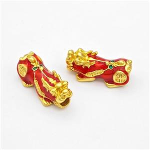 Copper Pixiu Charms Beads Red Enamel Large Hole Gold Plated, approx 13-26mm, 4mm hole