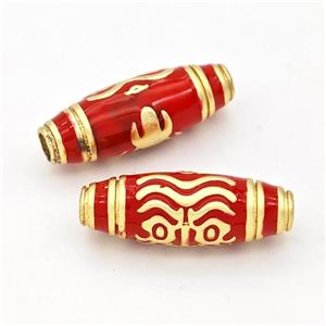 Copper Rice Beads Red Enamel Large Hole Gold Plated, approx 9-25mm, 3mm hole