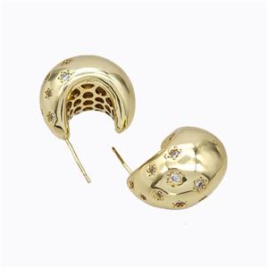 Copper Stud Earrings Micro Pave Zirconia C-Shape Hollow Gold Plated, approx 16-22mm