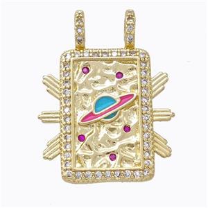 Copper Tarot Card Pendant Pave Zirconia Enamel Planet Rectangle Gold Plated, approx 21-30mm