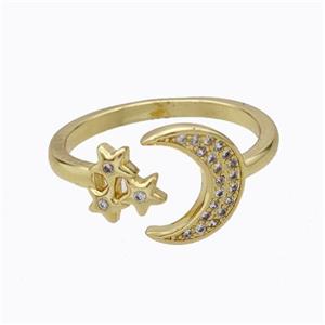 Copper Moon Ring Pave Zirconia Star Gold Plated, approx 12mm, 18mm dia