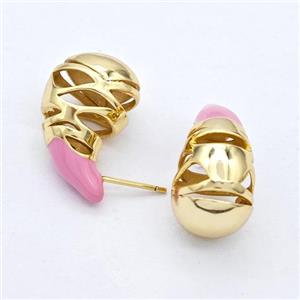 Copper Teardrop Stud Earrings Pink Enamel Hollow Gold Plated, approx 13-25mm