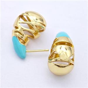 Copper Teardrop Stud Earrings Turqblue Enamel Hollow Gold Plated, approx 13-25mm