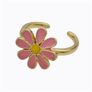 Copper Daisy Rings Pink Enamel Flower Gold Plated, approx 15mm, 18mm dia