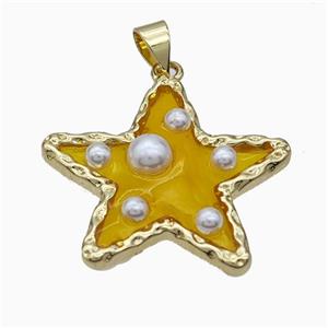 Copper Star Pendant Pave Pearlized Resin Yellow Gold Plated, approx 26mm