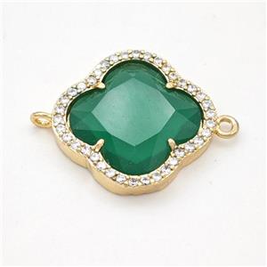 Green Jadeite Glass Copper Clover Connector Pave Zirconia Gold Plated, approx 20mm