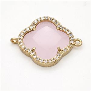 Pink Jadeite Glass Copper Clover Connector Pave Zirconia Gold Plated, approx 20mm