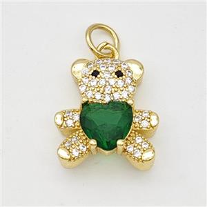 Copper Bear Pendant Micropave Zirconia Green Crystal Glass Gold Plated, approx 16-17mm