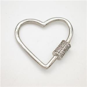 Copper Heart Carabiner Clasp Micropave Zirconia Platinum Plated, approx 30mm