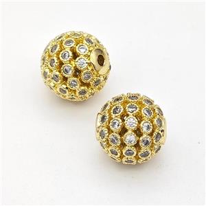 Copper Round Beads Micropave Zirconia Hollow Gold Plated, approx 10mm