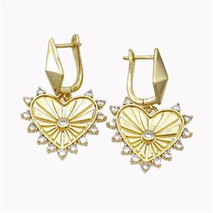 Copper Heart Latchback Earrings Pave Zirconia Gold Plated, approx 22mm, 12-16mm