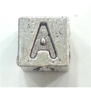 alphabet beads, alloy, antique silver, approx 7x7x7mm, 3mm hole, letter T