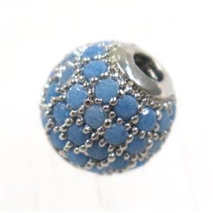round copper beads pave zircon, platinum plated, turq, approx 10mm dia