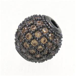 round copper beads paved zircon, black plated, approx 10mm dia