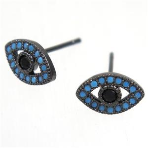 copper evil eye earring studs paved zircon, black plated, approx 7-11mm