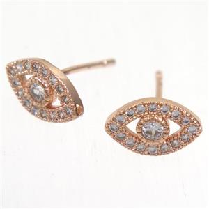 copper evil eye earring studs paved zircon, rose gold, approx 7-11mm