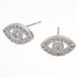 copper evil eye earring studs paved zircon, platinum plated, approx 7-11mm