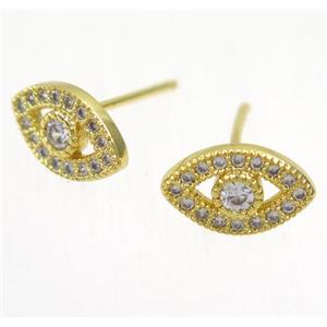 copper evil eye earring studs paved zircon, gold plated, approx 7-11mm