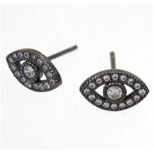 copper evil eye earring studs paved zircon, black plated, approx 7-11mm