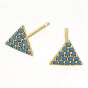 copper triangle earring studs paved zircon, gold plated, approx 8x8mm